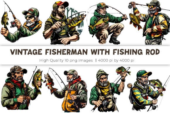 Download Vintage Fisherman with Fishing Rod - Fishing Collection